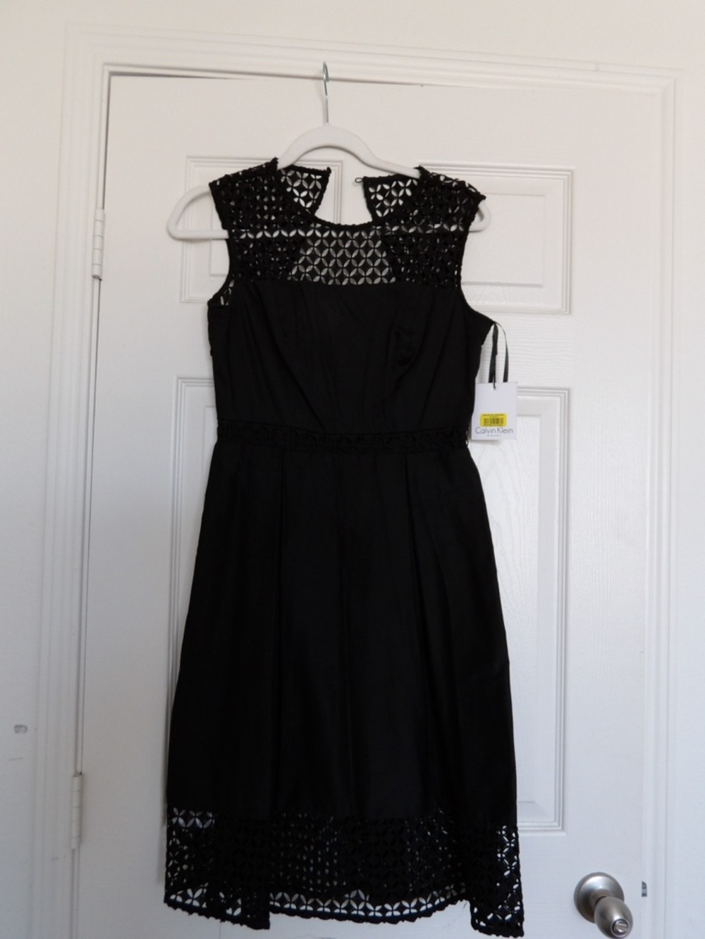 Calvin Klein Black Midi Dress with Lace Yoke and Hem - Picture 2 of 5
